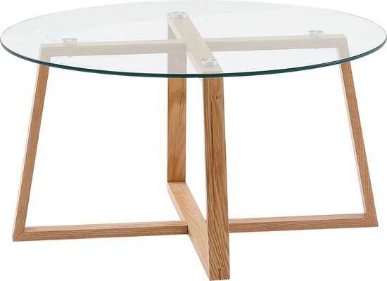 Table basse Rootz - Chêne Massief avec verre rond - Design moderne pour salon - Grande table en bois - 78x78x41 cm