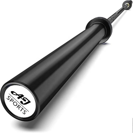 Zwarte AJ-Sports olympische halterstang van 220cm met logo.