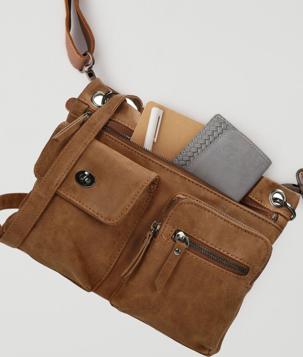 Bicky bernard Crossbodytas - platte tas - tas met veel ritssluiting - camel- BB66666 - Schoudertas dames