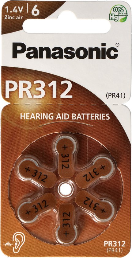Piles auditives Panasonic PR312 PR-312/6LB, cellules 312 Zinc Air pour appareils auditifs, 180 mAh
