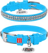 WAUDOG Glamour Halsband / Hondenhalsband - Echt Leder - Blauw met Strass steentjes - XXS - Breedte: 9 mm - Nekomtrek: 18 - 21 cm (GELIEVE ALVORENS BESTELLEN OPMETEN)