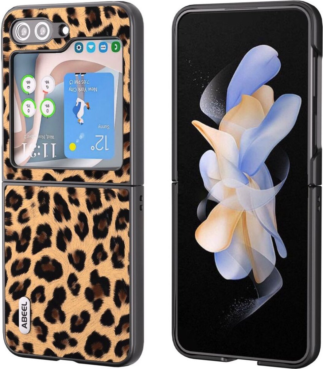 ABEEL Hoesje Geschikt voor Samsung Galaxy Z Flip 5 - Back Cover met Luipaard Textuur - Goud