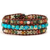 Bracelet Vintage NiSy.nl | Perles rondes en Natuursteen de Luxe avec Cuir | Belles couleurs | Chakra multicouche à 3 rangs | Type 3 Couleurs naturelles avec bleu