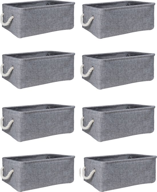 QUVIO Panier de Rangement - Set de 8 - Organisateur - Opbergbox - Boîte de Rangement - Panier à Jouets - Panier de Décoration - Lin - Katoen - Poignées en Corde - Grijs