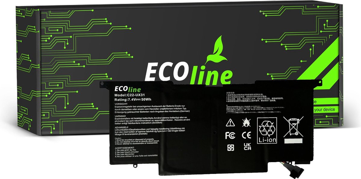 EcoLine - C22-UX31 Batterij Geschikt voor de Asus ZenBook UX31 UX31A UX31E / 7.4V 6200mAh.