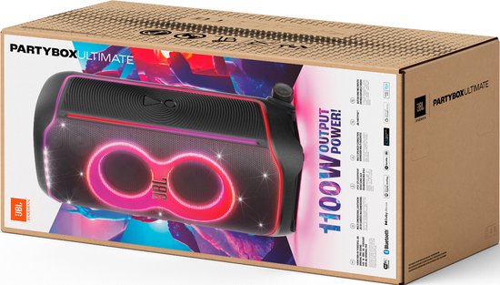 Verpakking van de JBL PartyBox Ultimate met een afbeelding van de speaker met lichtshow.