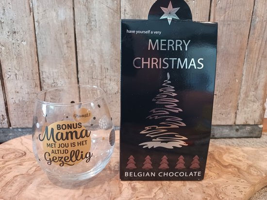 Bonus Mama-Bonus Moeder-Kerst-Kerstcadeau-Kerst Giftset-Doos-Belgische-Chocolade-Merry Christmas-Happy New Year-Champagne flesjes-Kerstboompjes-Glas-Wijn-Water