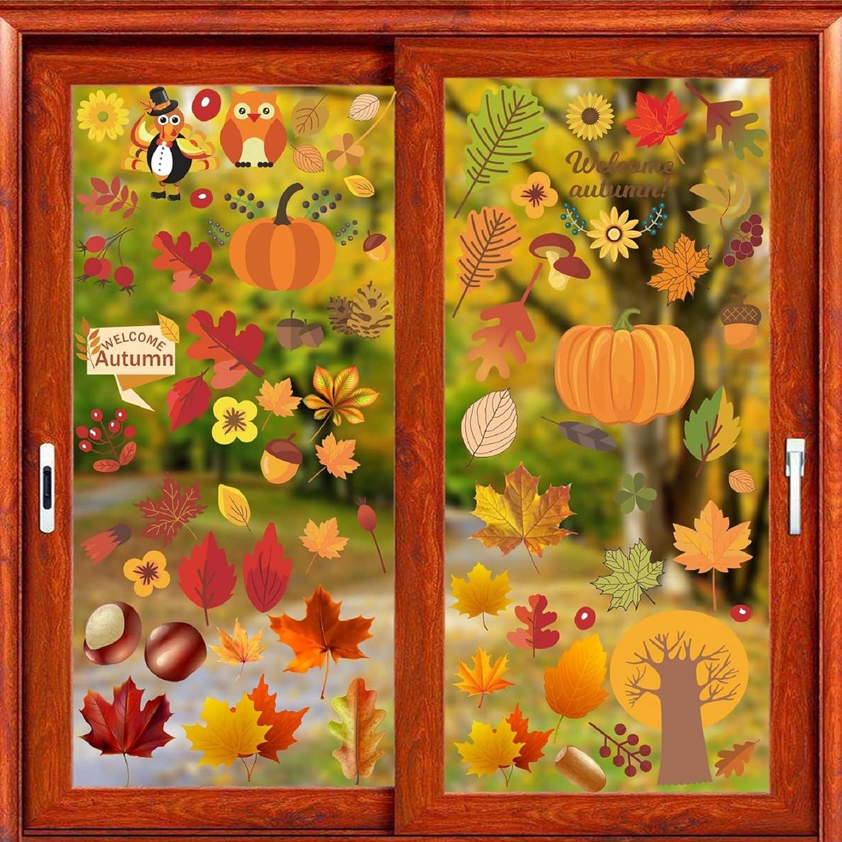 Autocollants Fenêtre Automne - Motifs Chiens, Chats, Citrouilles, Feuilles - PVC Électrostatique, Réutilisables