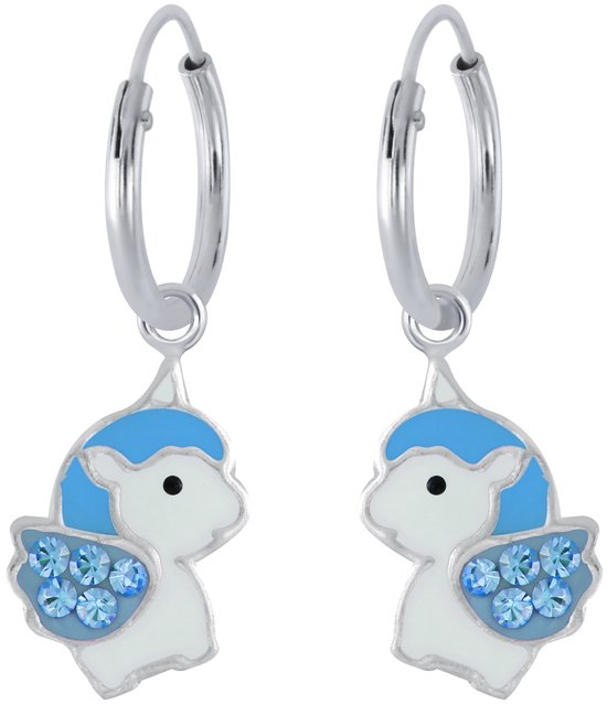 Joy|S - Zilveren eenhoorn oorbellen - baby unicorn oorringen - blauw kristal blauw