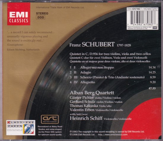 Achterkant CD-hoes met "Franz Schubert 1797-1828", tracklist en artiesten.