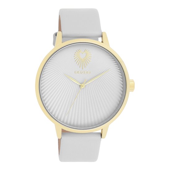 OOZOO Timepieces - Goudkleurige OOZOO horloge met licht grijze leren band - C11240