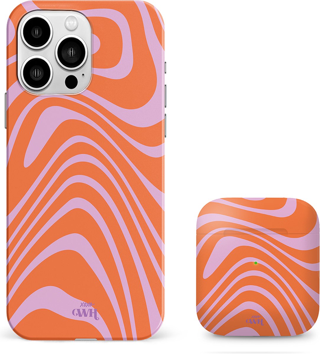 xoxo Wildhearts siliconen hoesje + AirPods 1/2 hoesje - Geschikt voor iPhone 12 Pro Max en AirPods 1 en 2 - Boogie Wonderland Orange - Single layer telefoonhoesje - Oranje - Roze - Hoesje met print