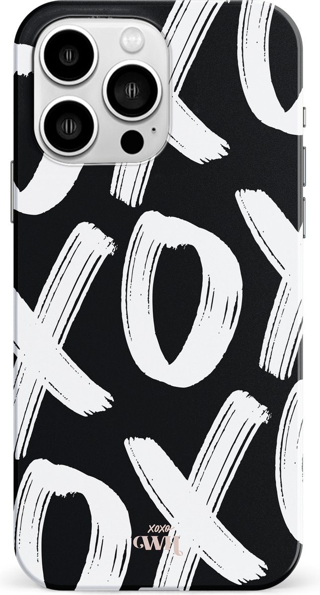 xoxo Wildhearts Can't Talk Now Black - Double Layer - Hoesje geschikt voor iPhone 14 Pro Max hoesje - Hard case met zwart/witte print - Beschermhoes geschikt voor iPhone 14 Pro Max case - Shockproof case met xoxo print - Zwart