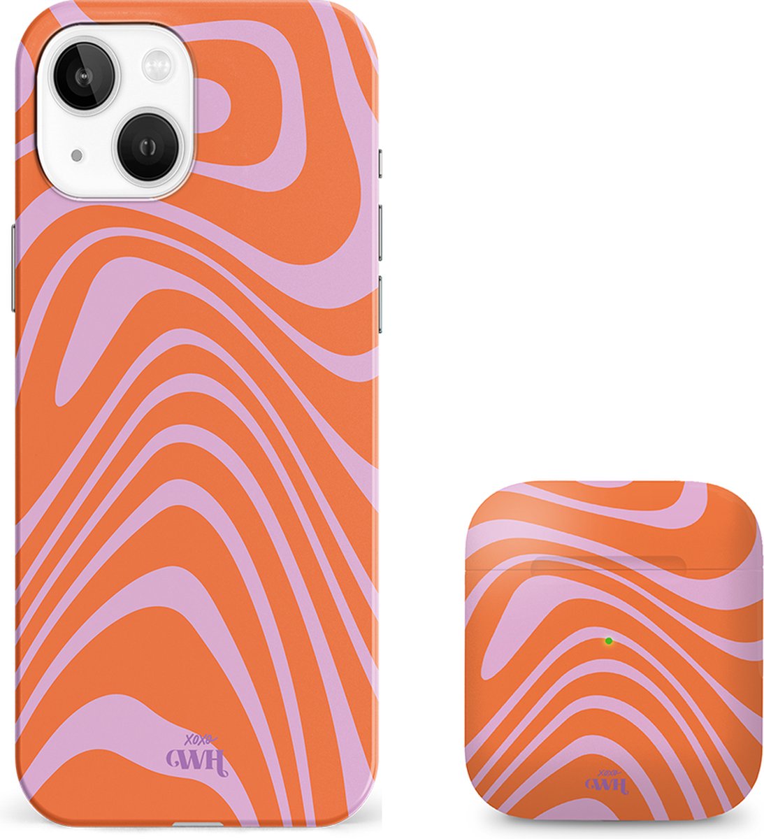 xoxo Wildhearts siliconen hoesje + AirPods 1/2 hoesje - Geschikt voor iPhone 13 en AirPods 1 en 2 - Boogie Wonderland Orange - Single layer telefoonhoesje - Oranje - Roze - Hoesje met print