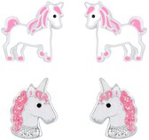 Joy|S - Zilveren eenhoorn oorbellen - set 2 paar - unicorn oorknoppen