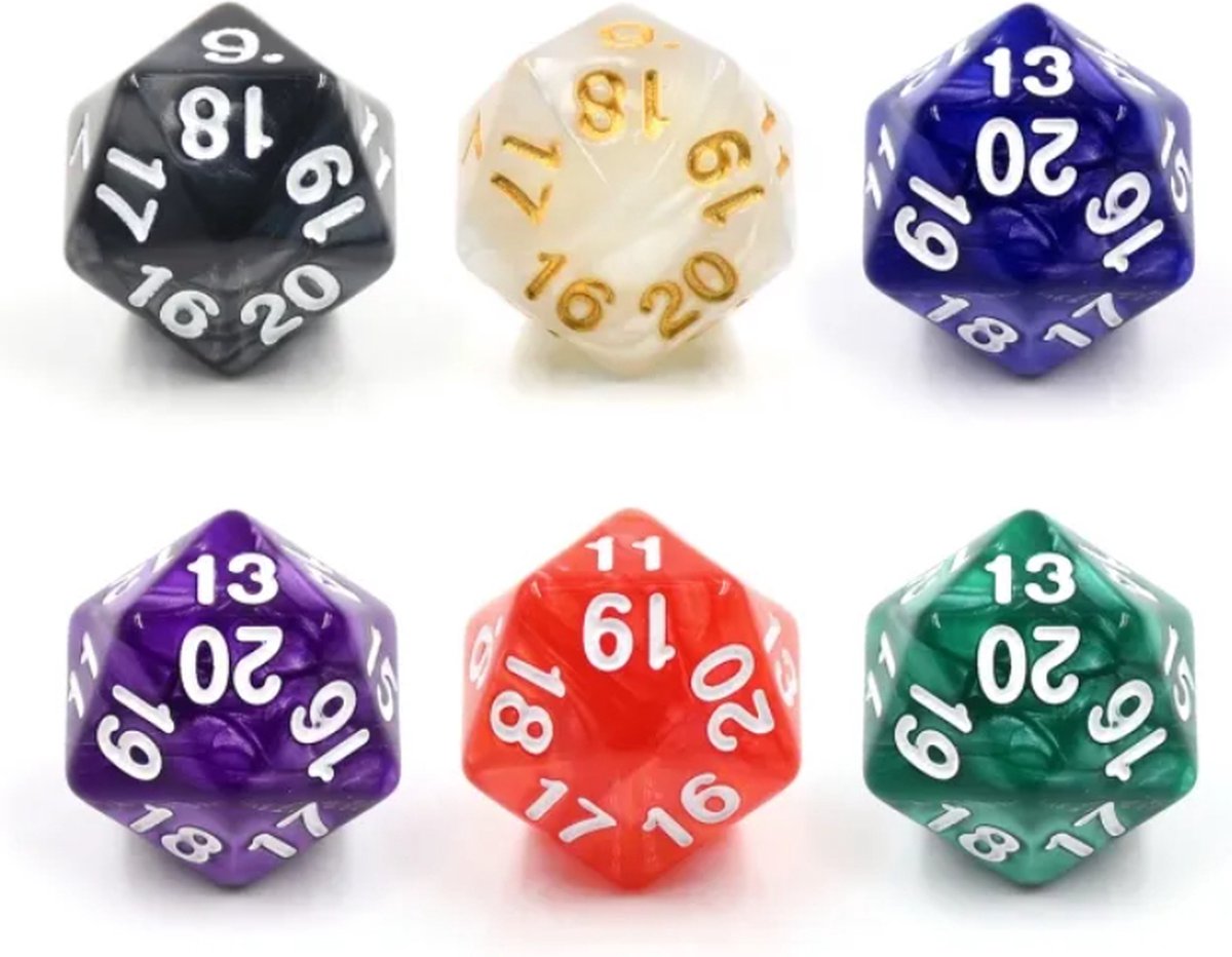 6D20 Countdown | Dice | Dobbelstenen - Set Van 6 Stuks - Parelmoer Rood, Blauw, Groen, Paars, Zwart met Witte Cijfers en Parelmoer Wit met Gouden Cijfers | D&D en Rollenspellen | Plastic Dobbelstenen Dungeons and Dragons | Zwarte Velvet Dice Bag