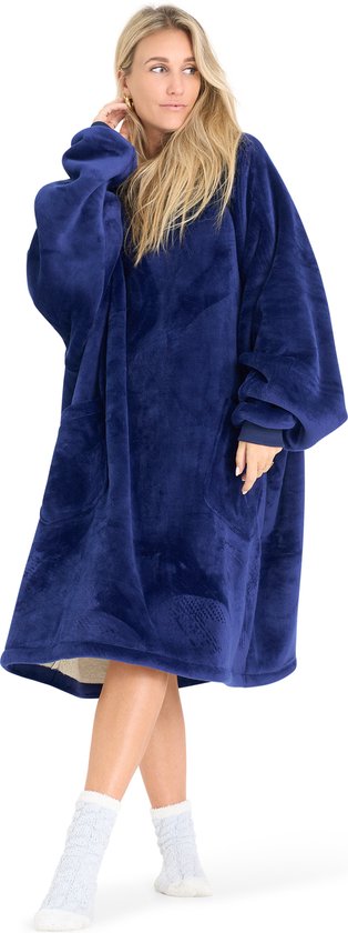 GEASY Hoodie Deken - Hoodie Deken Unisex - Fleece Deken met Mouwen met handige zakken - One Size Fits All - Navy Blauw