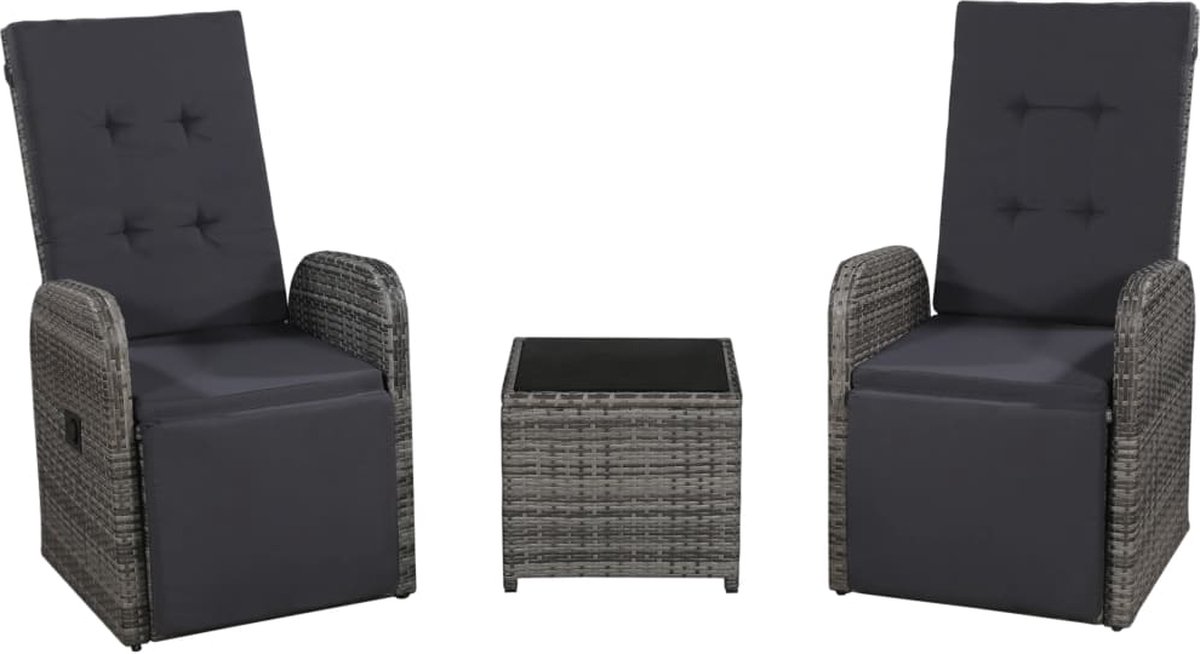 The Living Store 3-delige Bistroset met kussens poly rattan grijs - Tuinmeubels - Bistroset - Lounge Set - Buitentijd - Relaxen