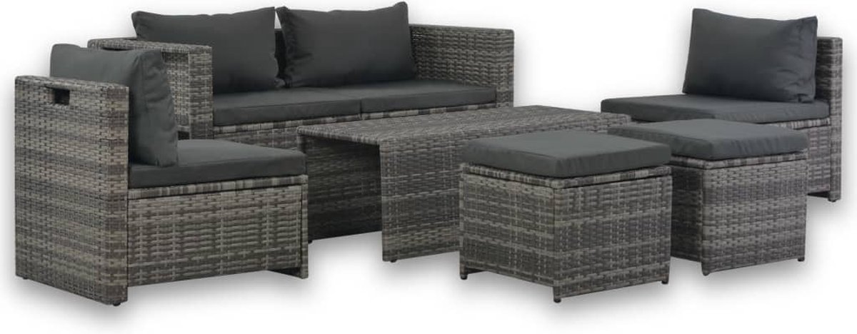 The Living Store Loungeset met kussens 6-delig poly rattan grijs - Loungeset - Tuinset - Loungemeubelen - Buitendinerset - Relaxfauteuil