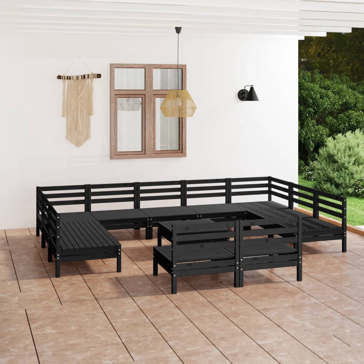 The Living Store 12-delige Loungeset massief grenenhout zwart - Tuinmeubels - Lounge Set - Houten Loungestoel - Buitenkamer - Balkon Decoratie