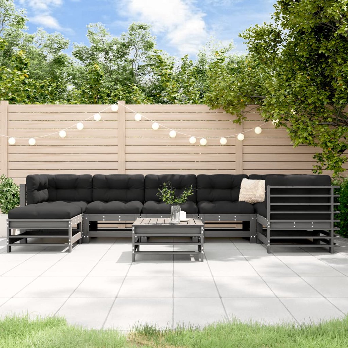 The Living Store 8-delige Loungeset met kussens massief hout grijs - Loungeset - Tuinset - Lounge Bank - Tuinmeubilair - Hout