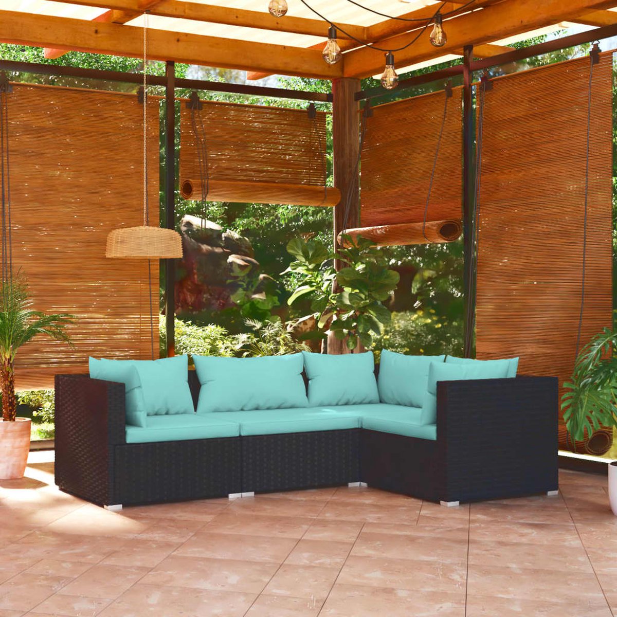 The Living Store 4-delige Loungeset met kussens poly rattan zwart - Loungeset - Tuinmeubels - Lounge Set - Zwarte Loungestoel - Buitenkamer