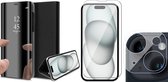 Hoesje geschikt voor iPhone 15 Plus - Screenprotector GlassGuard & Camera Lens Screen Protector - Book Case Spiegel Zwart