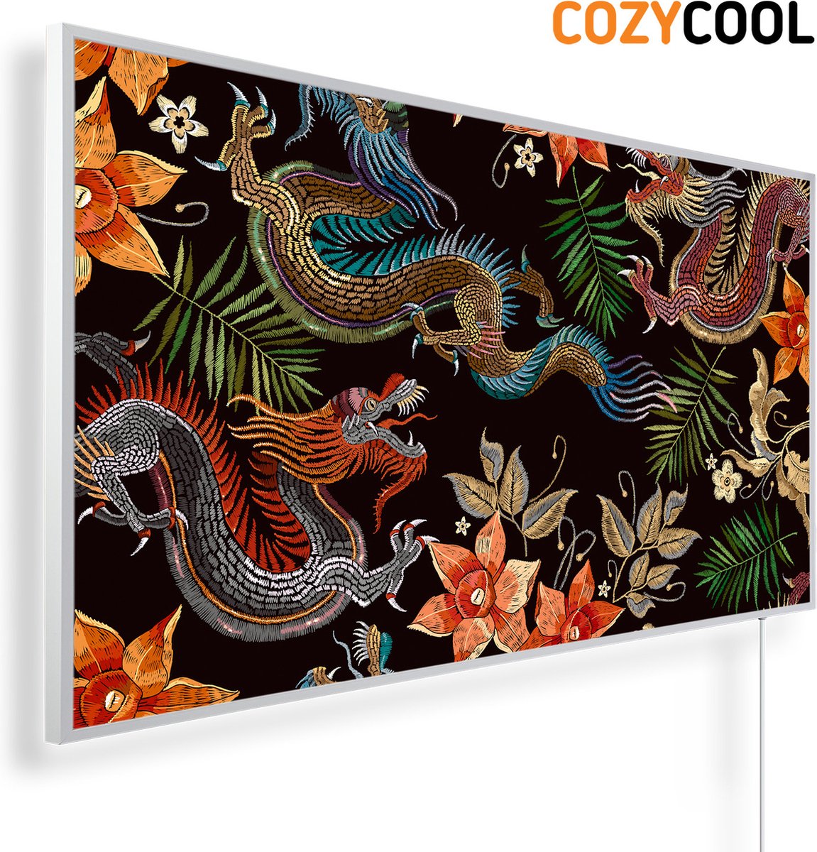 Infraroodpaneel met afbeelding | Borduurwerk Aziatische draak en mooie bloemen | 1200 Watt | Witte lijst | Infrarood verwarmingspaneel | Infrarood paneel | Infrarood verwarming