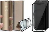 Hoesje geschikt voor iPhone 15 - 2x Privacy Screen Protector FullGuard - Book Case Spiegel Goud & Screenprotector