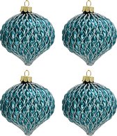 HAES DECO - Kerstballen Set van 4 - Formaat (4) Ø 8x9 cm - Kleur Blauw - Materiaal Glas - Kerstversiering, Kerstdecoratie, Decoratie Hanger, Kerstboomversiering
