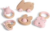 Silibaby – Bijtringen voor Baby's – Houten Speelgoed met Silicone – Bijtspeelgoed - Set van 5 - Roze