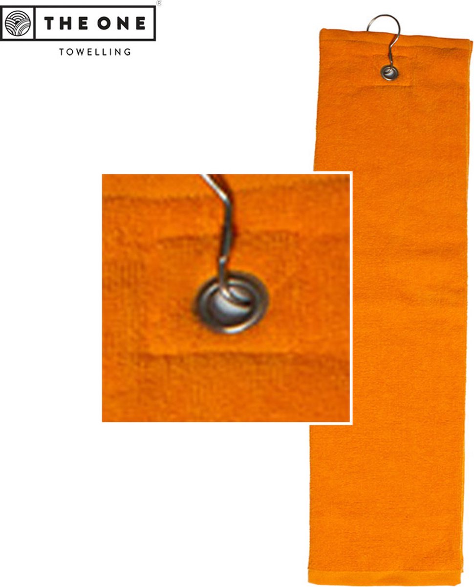The One Towelling Golfhanddoek - Sporthanddoek - Terry Velours - 100% Gekamd Katoen - Met metaal oog en karabijnhaak - 40 x 50 - Oranje