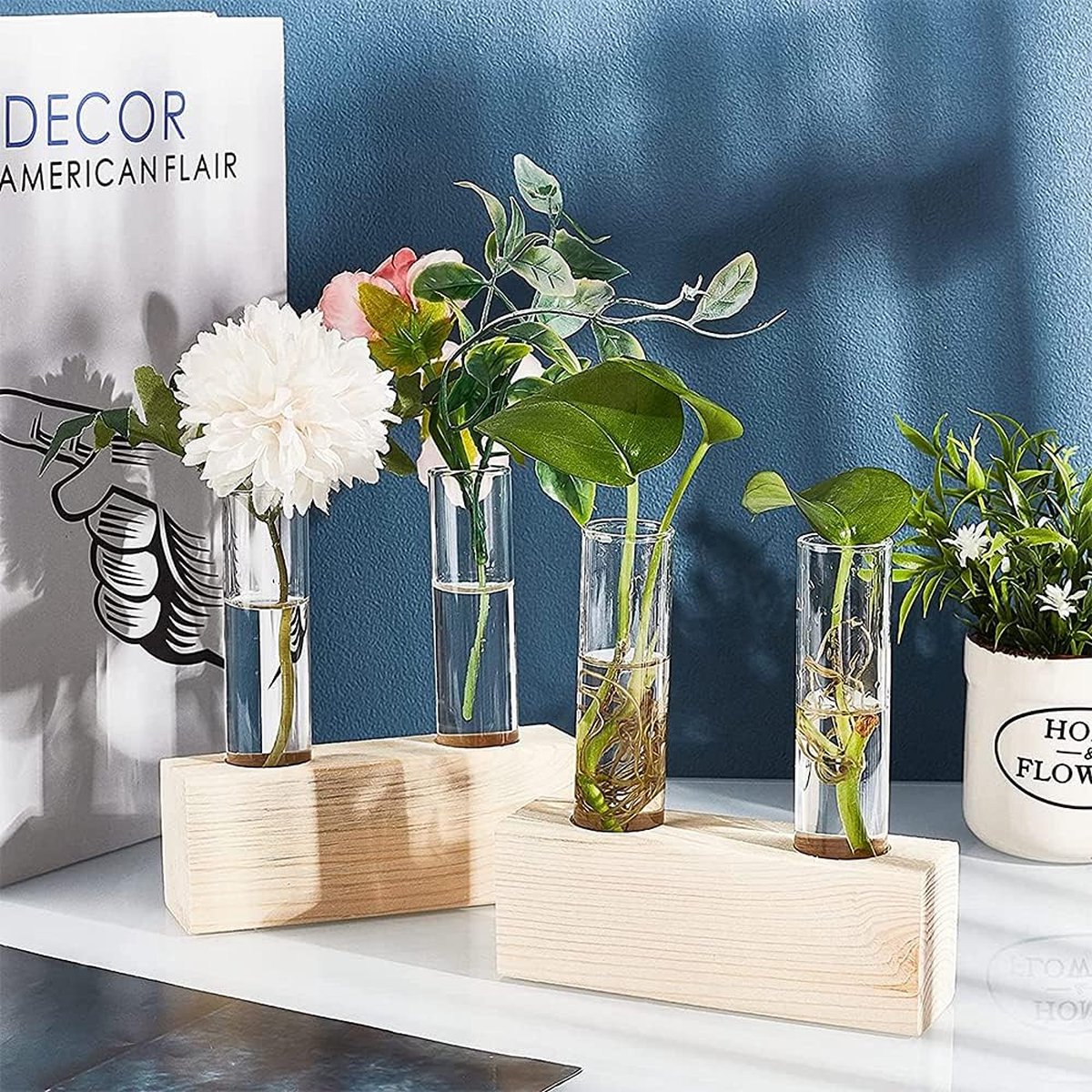 DUO Vase tube à essai Station de propagation des plantes support en bois avec 2 tubes à essai en