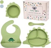 Dinosaur Silicone Children's Tableware Set Including Gift Box, Plate, Bowl, Bib, Spoon. Children's Plate and Bowl with Suction Cup. BLW Baby LED Weaning Accessories. BPA-Free (Olive)