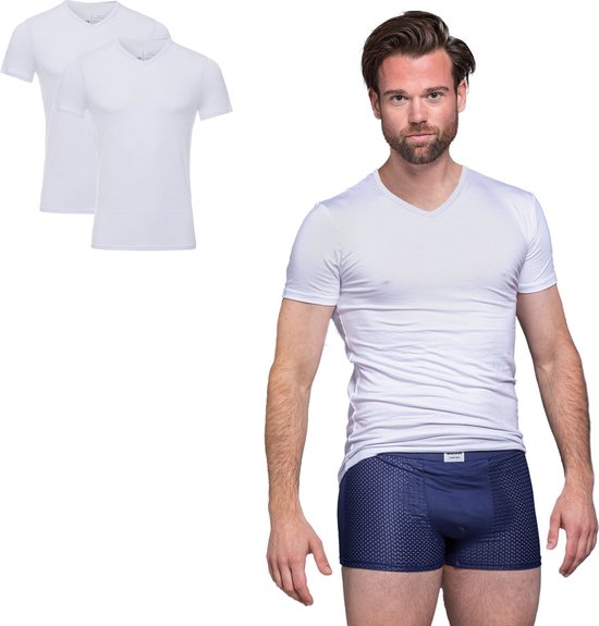 BOXR Sous-vêtements - T-shirt en Bamboe pour hommes - Col en V- Wit - Doux et soyeux - Maillot de corps pour hommes - Paquet de 2