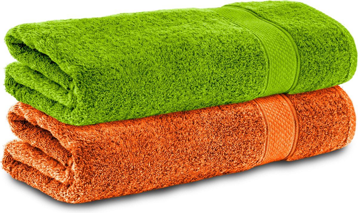 Komfortec 2x Handdoek 50x100 - 100% Katoen – Handdoekenset - Zacht - Oranje&Groen