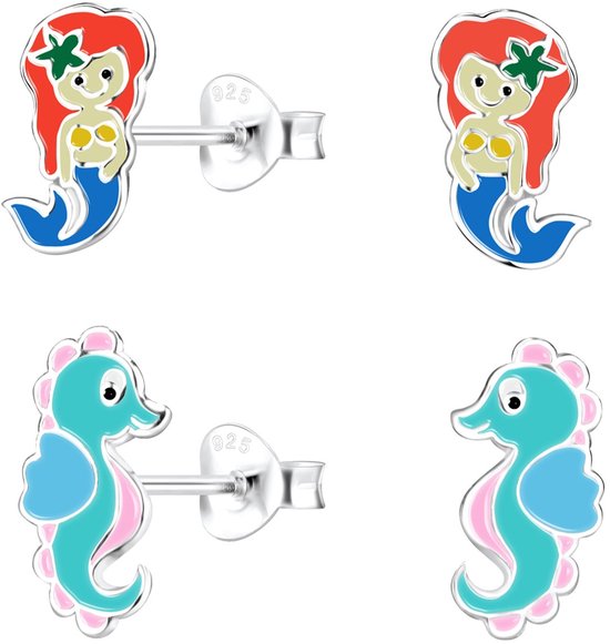 Joy|S - Zilveren zeemeermin oorbellen set - 2 paar - zeepaardje - zeemeermin oorknoppen
