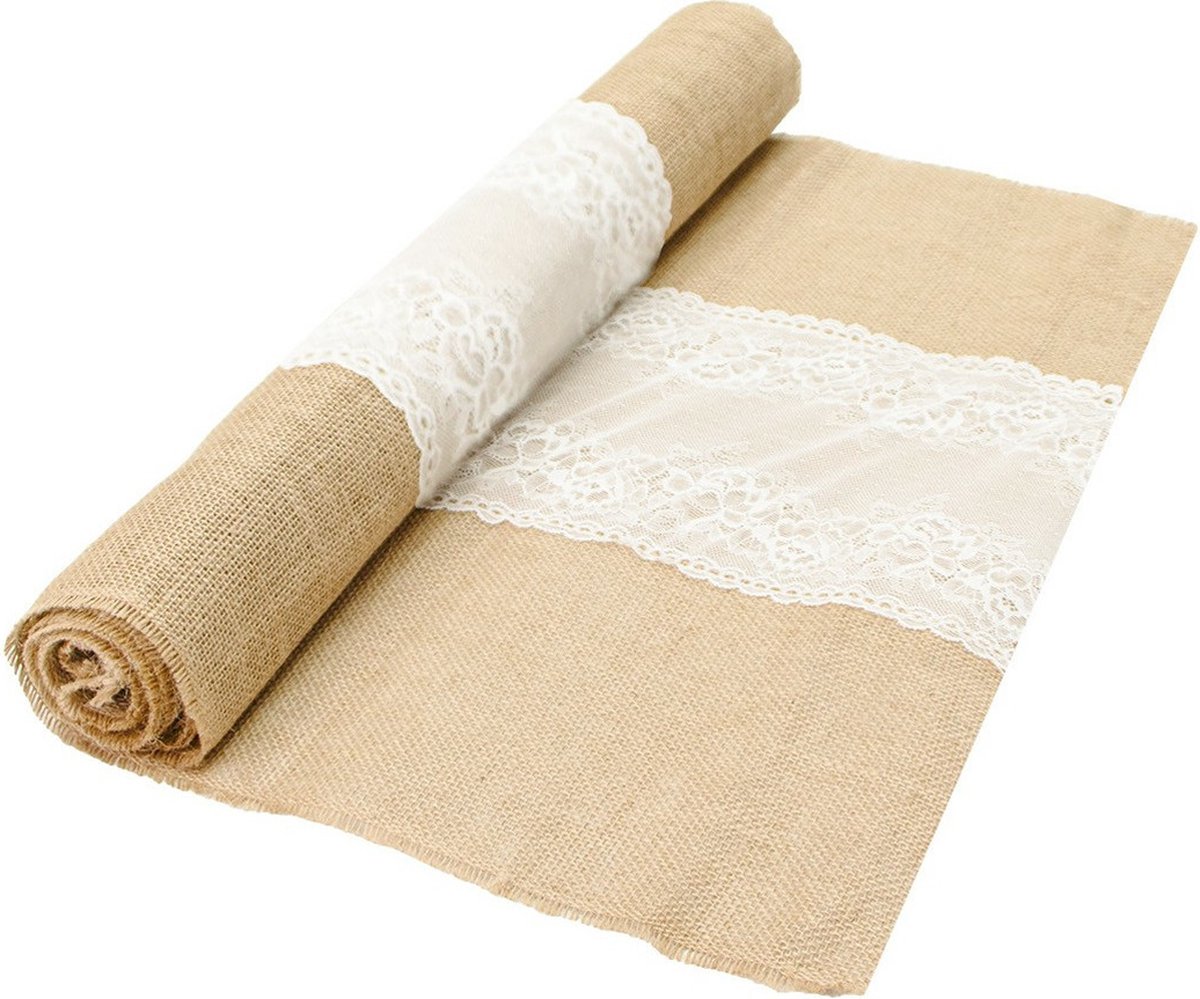 Chaks Jute tafelloper - 3x - met wit kant - 60 x 300 cm - extra breed - Tafeldecoratie versieringen