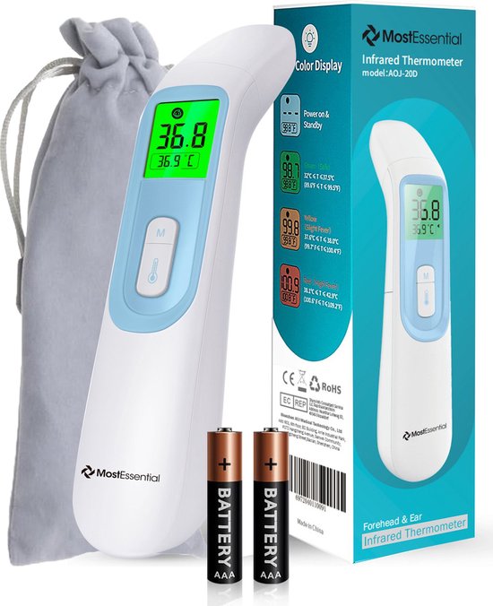 MostEssential Premium Koortsthermometer - Oorthermometer - Infrarood Thermometer - Thermometer Voorhoofd - Thermometer Lichaam - Koortsthermometer voor Volwassenen, Kinderen en Baby's - Contactloos - 20D