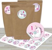 DIY adventskalender om te vullen - met 24 bruine papieren zakjes en 24 eenhoorn stickers - voor DIY en knutselen - Mini Set No 28 - Kerstmis 2021 voor kinderen.