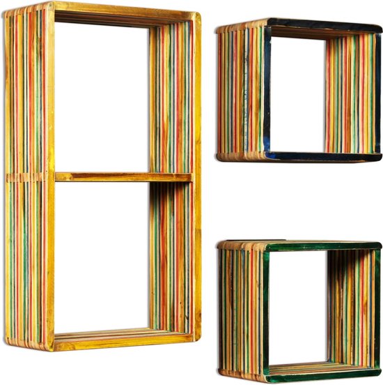 Ensemble d'étagères murales The Living Store - Bois de teck recyclé - Multicolore - 81 x 22 x 41 cm et 31 x 22 x 31 cm - Comprend 3 étagères et 3 supports de montage