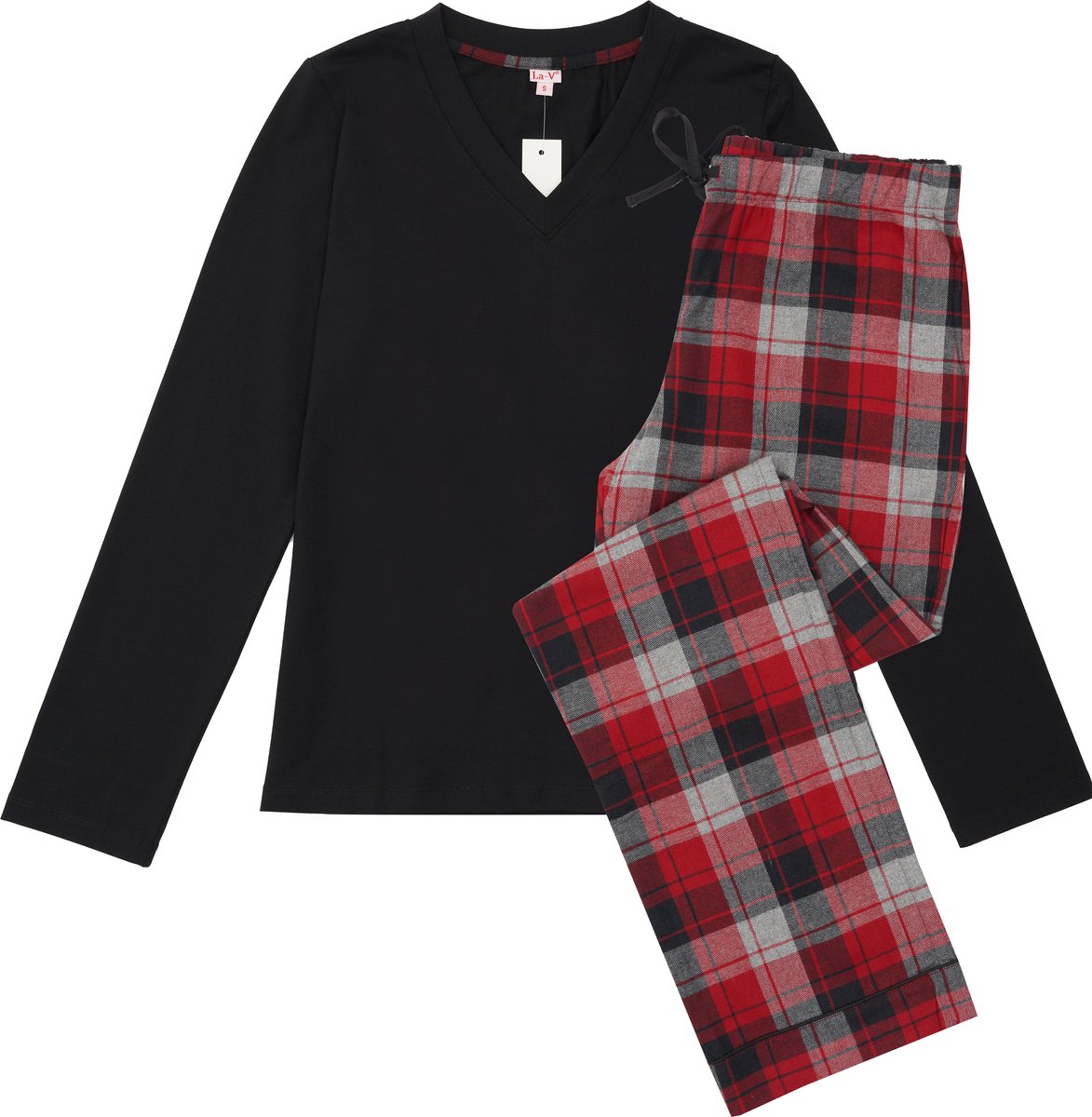 La V La-V pyjamasets voor dames met geruite flanel broek Zwart/ Rood XL (Valt klein) Zwart/Rood