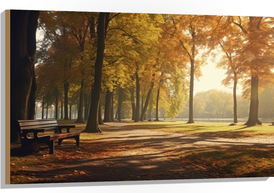 Hout - Bomen - Bankje - Park - Bladeren - 105x70 cm - 9 mm dik - Foto op Hout (Met Ophangsysteem)