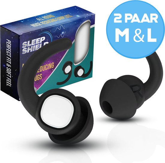 SleepShield Slaap Oordoppen - Oordoppen slapen - Tot 36 dB - Geluidsreductie - Hoge Geluidsdemping - 2 Maten M / L - BPA Vrije Siliconen - Zwart