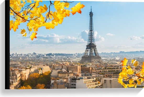 Canvas - Eiffeltoren in Parijs Omringd door Gele Bloemen - 60x40 cm Foto op Canvas Schilderij (Wanddecoratie op Canvas)