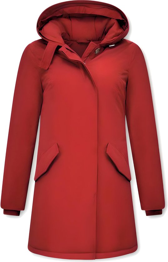 Gewatteerde Jas Dames - Lange Winterjas Dames met Capuchon - Getailleerde Jas - Winterjas Dames Waterdicht - Rode Jas