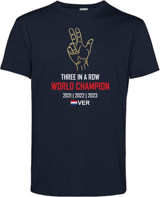 T-shirt kind Three in a Row World Champion | Formule 1 fan | Max Verstappen / Red Bull racing supporter | Wereldkampioen | Navy | maat 68