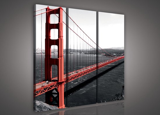 Canvas Schilderij - Stad - Golden Gate - Brug - Water - Urban - Rood - Schilderij Woonkamer - Schilderijen op canvas - Inclusief Frame - 90x80cm LxB - 3 Luiks - 3 Delen