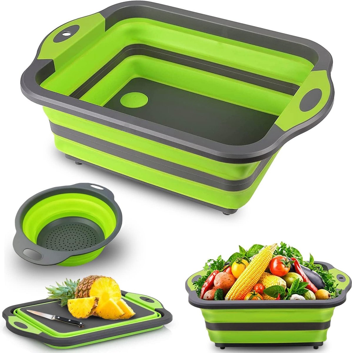 Multifunctionele Opvouwbare Snijplank met Vergietcontainers, Food-grade Siliconen Schaal, Snijplank, Wasbak, Aftapmand, Zeef Voor Thuis, Keuken, Camping, Picknick, Barbecue (met een Opvouwbare Kom)
