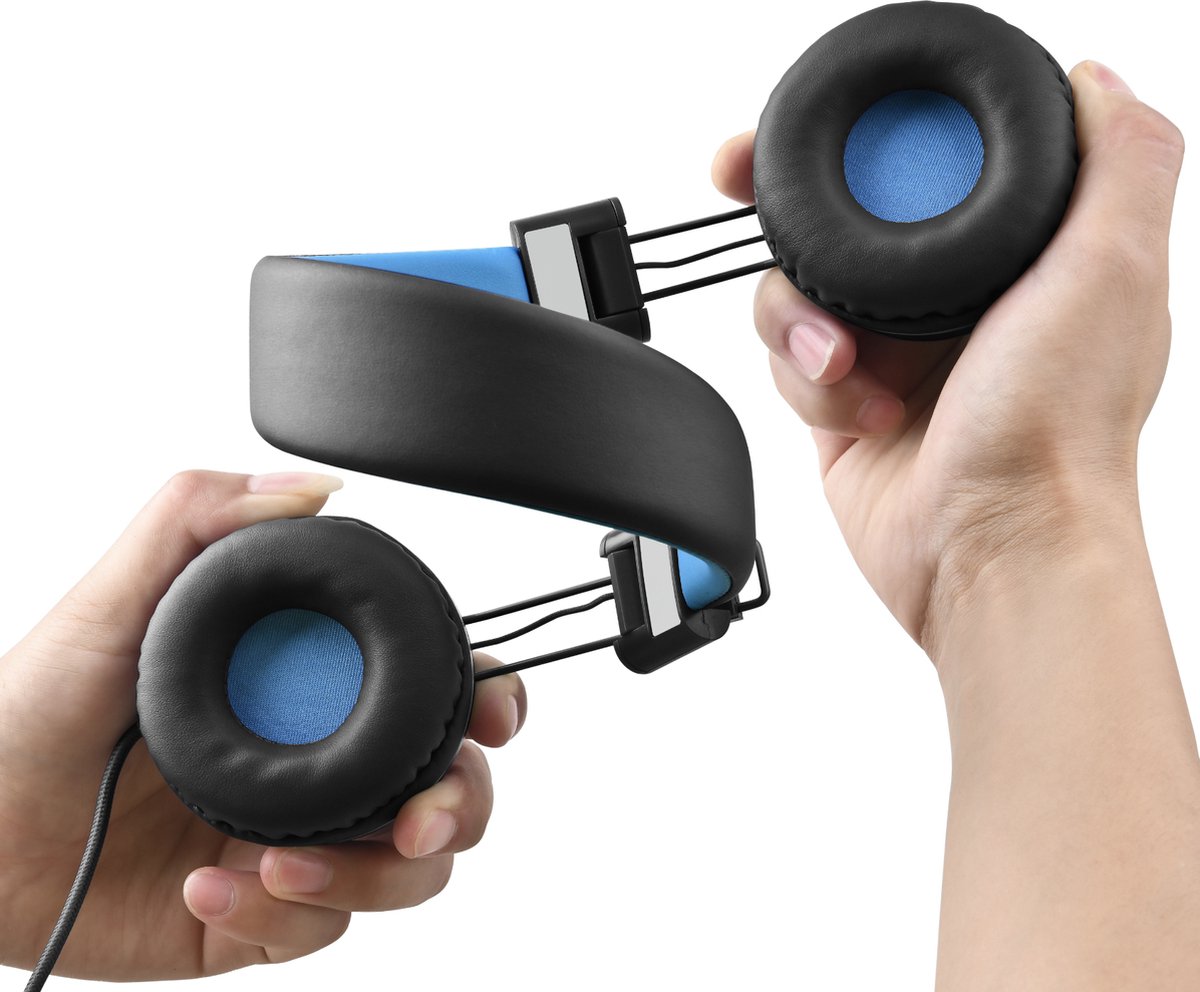 Afbeelding 2 van WiseQ - Koptelefoon voor Kinderen– Geluidsdempende Hoofdtelefoon Kind – Verstelbaar - Volumebegrenzer – Microfoon – Met Draad - Zwart-Blauw